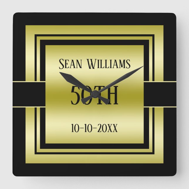 Gold & Black Class Men's 50th Birthday Square Wall Clock (Front)