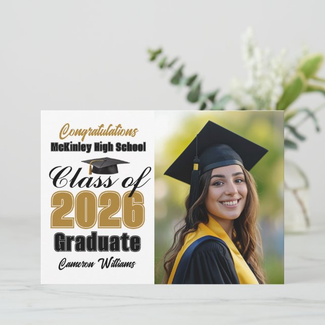 Gold Black Class of 2026 Graduate Photo Graduation Announcement (Standing Front)