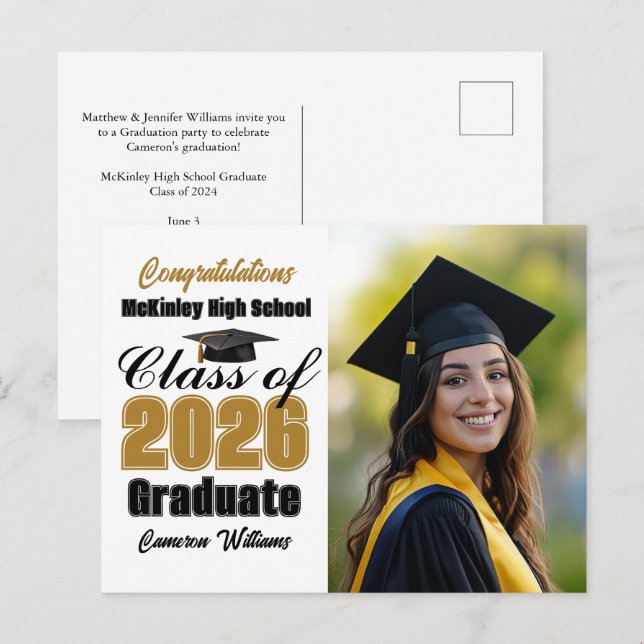 Gold Black Class of 2026 Graduate Photo Graduation Announcement Postcard (Front/Back)