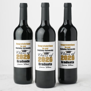 Gold Black Class of 2026 Graduation Party Custom Wine Label