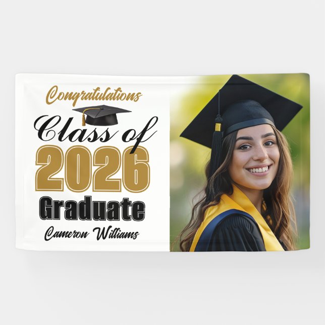 Gold Black Class of 2026 Graduation Party Photo Banner (Horizontal)