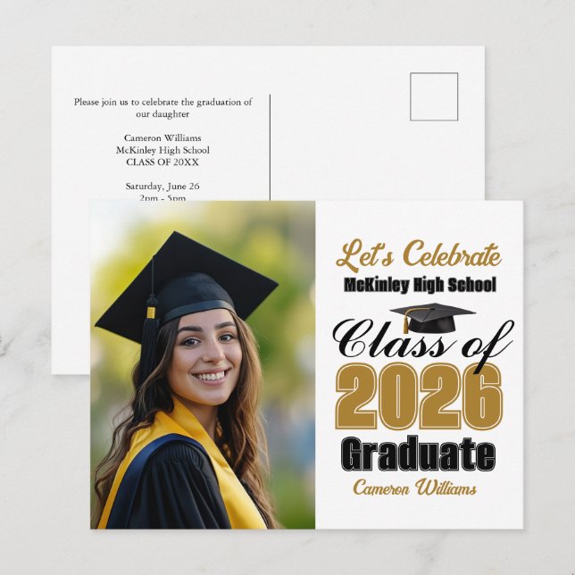Gold Black Class of 2026 Photo Graduation Party Invitation Postcard (Front/Back)