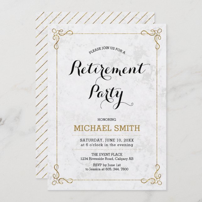 Gold & Black | Classic Marble Retirement Party Invitation (Front/Back)