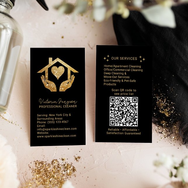 Gold Black Cleaning Service Maid QR Code Logo Business Card (Gold Black Cleaning Service Maid QR Code Logo Business Card)
