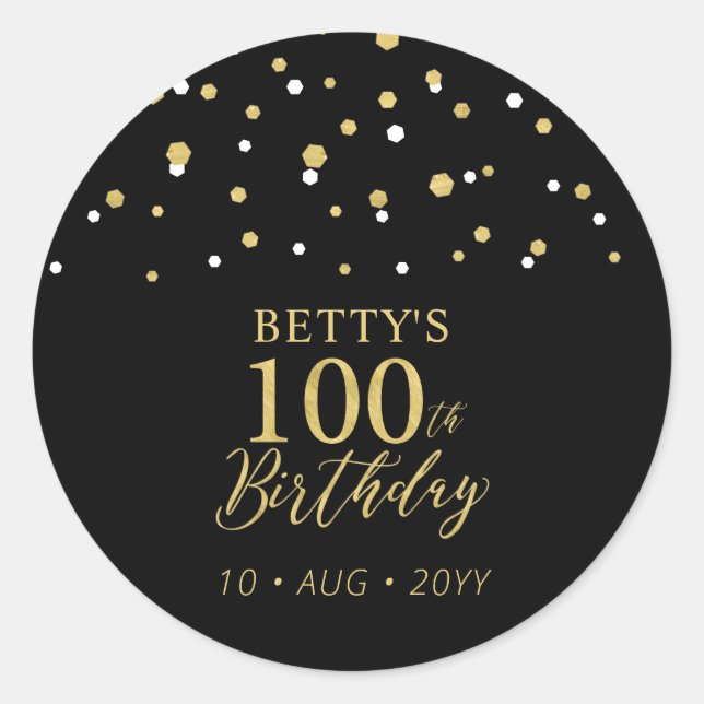 Gold & Black Confetti 100th Birthday Party Favour Classic Round Sticker (Front)