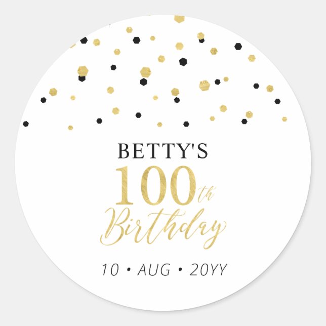 Gold & Black Confetti 100th Birthday Party Favour Classic Round Sticker (Front)