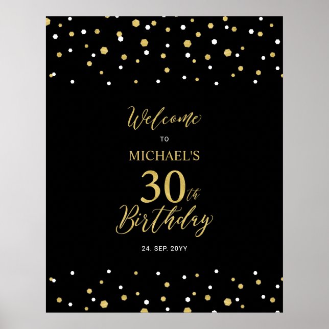 Gold & Black Confetti 30th Birthday Party Welcome Poster (Front)