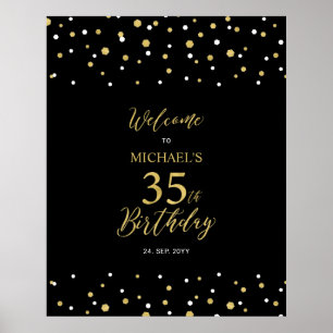Gold & Black Confetti 35th Birthday Party Welcome Poster
