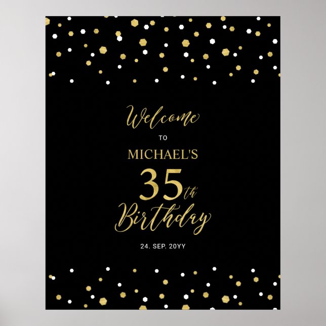 Gold & Black Confetti 35th Birthday Party Welcome Poster (Front)