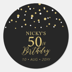 Gold & Black Confetti 50th Birthday Party Favour Classic Round Sticker
