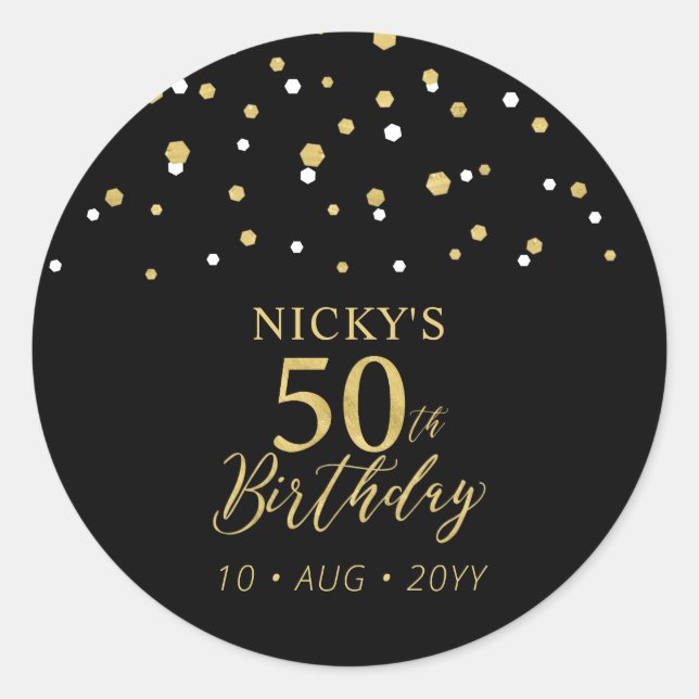 Gold & Black Confetti 50th Birthday Party Favour Classic Round Sticker (Front)