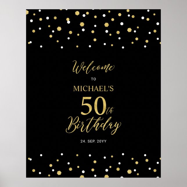Gold & Black Confetti 50th Birthday Party Welcome Poster (Front)