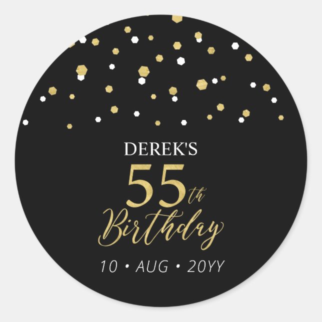 Gold & Black Confetti 55th Birthday Party Favour Classic Round Sticker (Front)