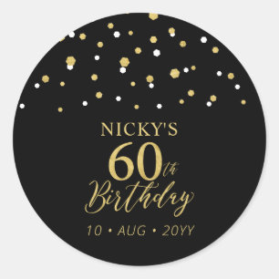 Gold & Black Confetti 60th Birthday Party Favour Classic Round Sticker