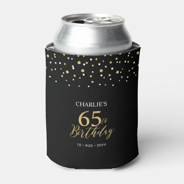 Gold & Black Confetti 65th Birthday Party Favour Can Cooler (Can Front)