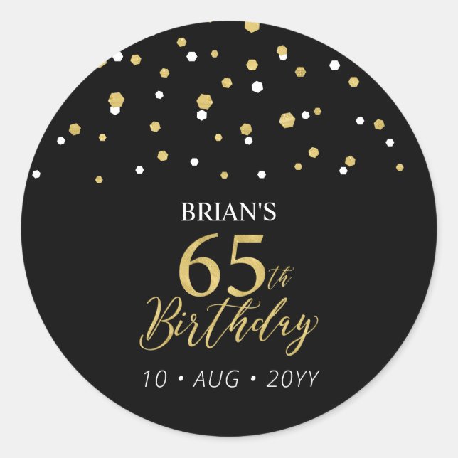 Gold & Black Confetti 65th Birthday Party Favour Classic Round Sticker (Front)