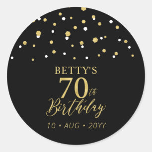 Gold & Black Confetti 70th Birthday Party Favour Classic Round Sticker