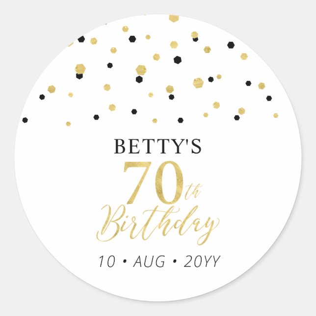 Gold & Black Confetti 70th Birthday Party Favour Classic Round Sticker (Front)