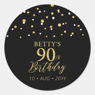 Gold & Black Confetti 90th Birthday Party Favour Classic Round Sticker