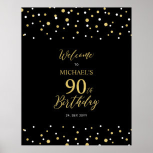 Gold & Black Confetti 90th Birthday Party Welcome Poster
