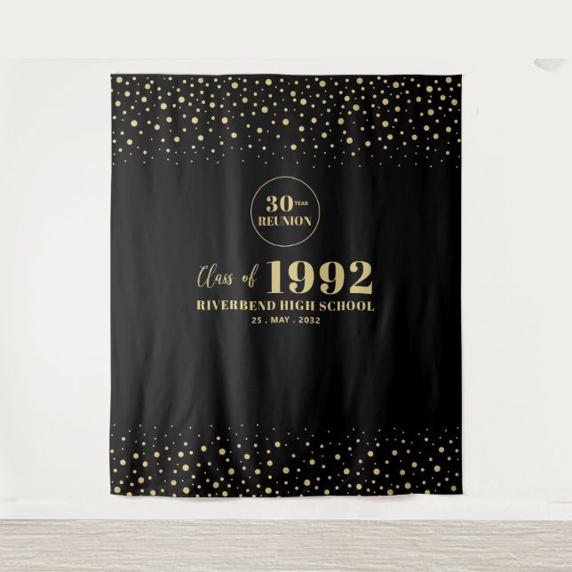 Gold & Black Confetti Class Reunion Party Backdrop Tapestry (Front)