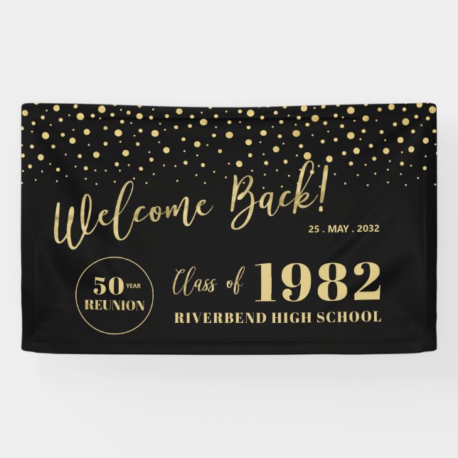 Gold & Black Confetti Class Reunion Party Welcome Banner (Horizontal)