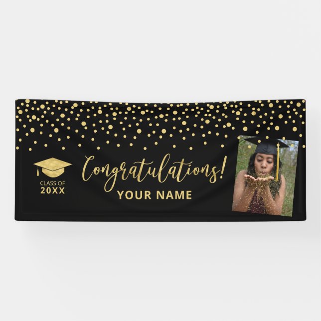 Gold & Black Confetti Congratulation Graduation Banner (Horizontal)
