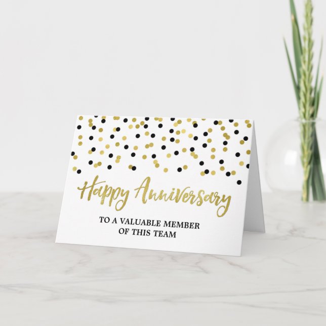 Gold Black Confetti Employee Anniversary Card (Front)