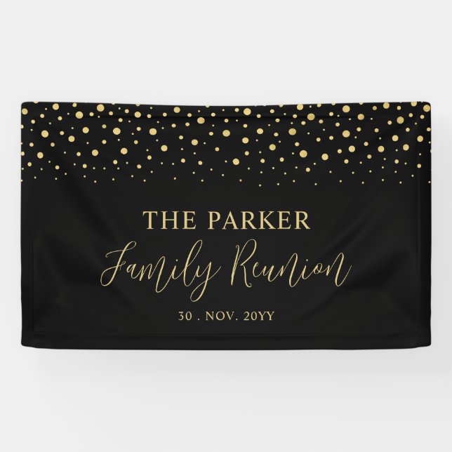 Gold & Black Confetti Family Reunion Party Welcome Banner (Horizontal)