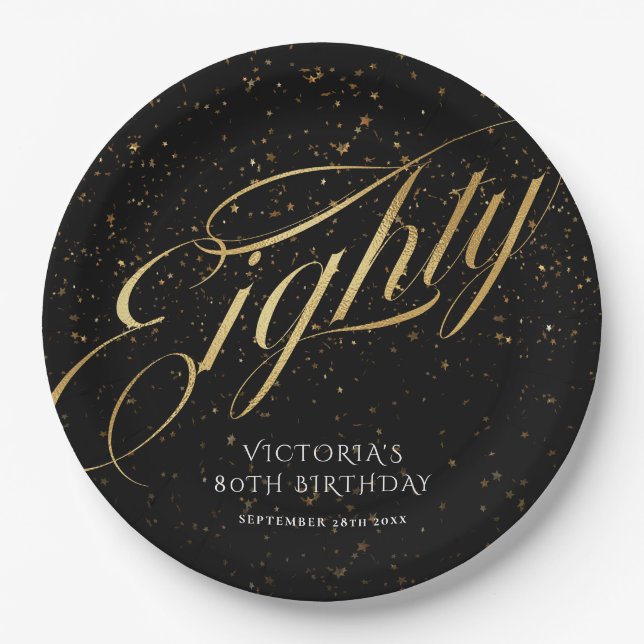 Gold Black Confetti Glitter Eighty 80th Birthday Paper Plate (Front)