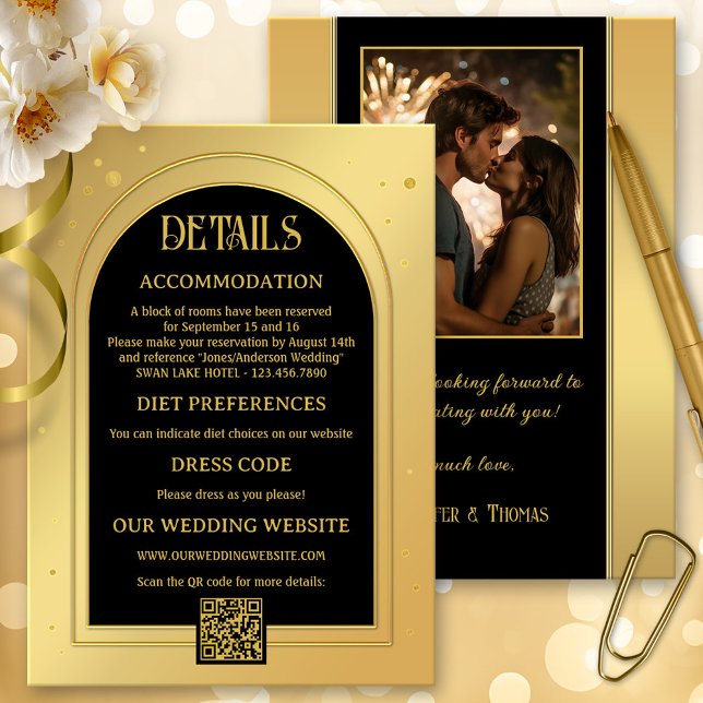 Gold Black Confetti Glitter Wedding Enclosure Card (wedding enclosure card in gold and black with sparkling confetti glitters - with QR code and photo)