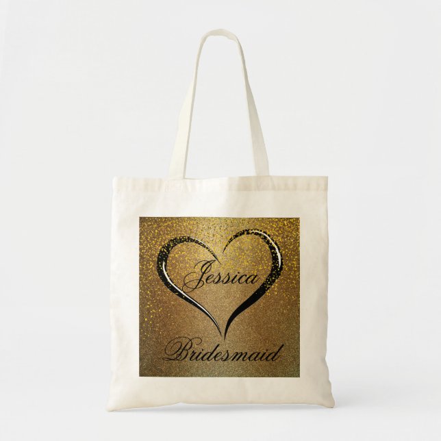 Gold Black Confetti Heart Wedding Welcome Tote Bag (Front)