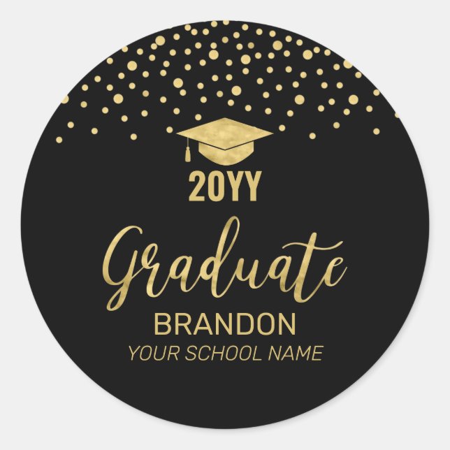 Gold Black Confetti Modern Graduation Party Favor Classic Round Sticker (Front)