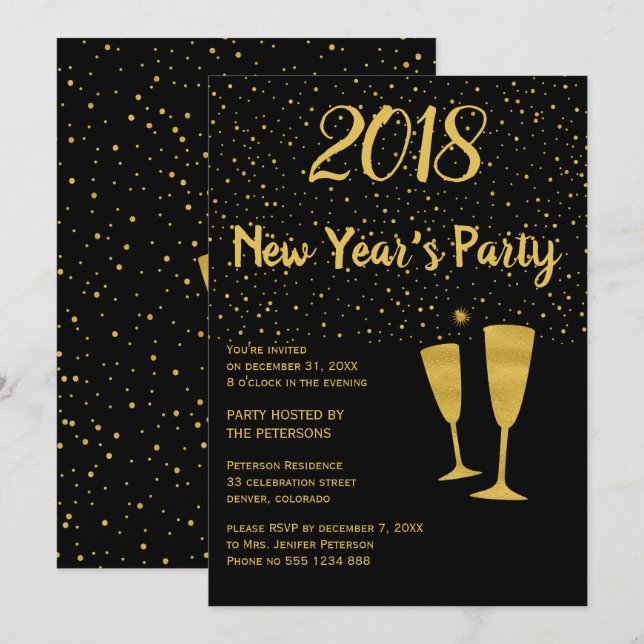 Gold black confetti New Year's celebration invite (Front/Back)