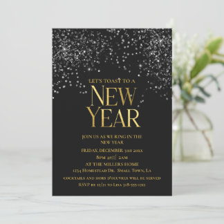 Gold Black Confetti New Year's Eve Party  Invitation