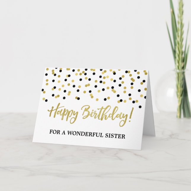 Gold Black Confetti Sister Birthday Card (Front)