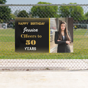 Gold Black Custom Happy Birthday Photo Party Banner