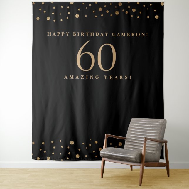 Gold Black Customisable Happy Birthday 60 Years  Tapestry (In Situ)
