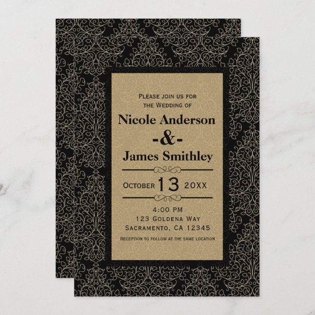 Gold & Black Damask Art Deco Glamour Chic Wedding Invitation (Front/Back)