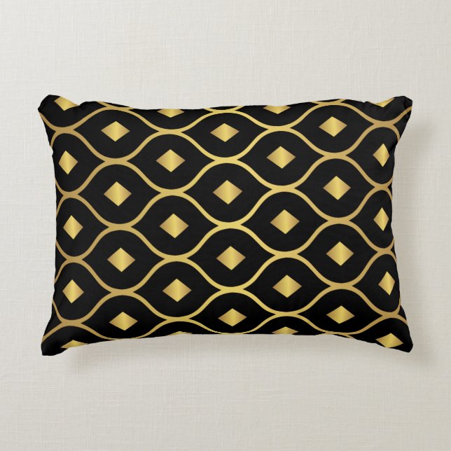 Gold Black Damask Diamond Pattern  Decorative Cushion (Front)