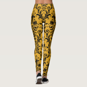 Gold & Black Damask Floral Swirls Leggings