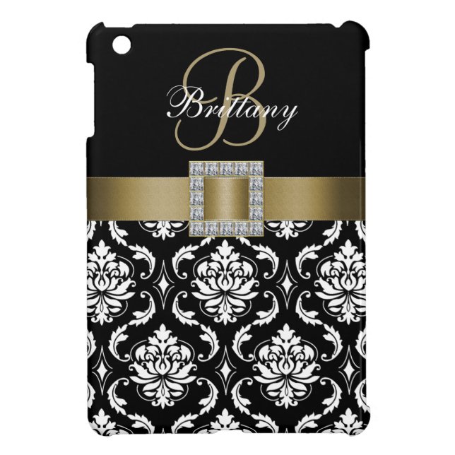 GOLD, BLACK DAMASK MONOGRAM iPad MINI CASE (Back)