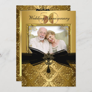Gold Black Damask Photo 50th Anniversary Invite