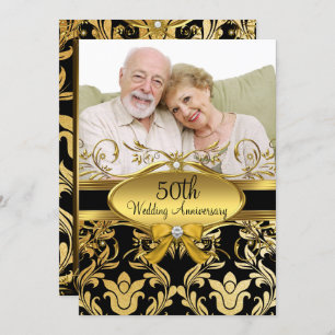 Gold Black Damask Photo 50th Anniversary Invite