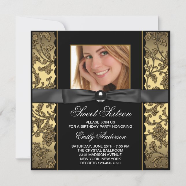 Gold Black Damask Photo Sweet 16 Party Invitation (Front)