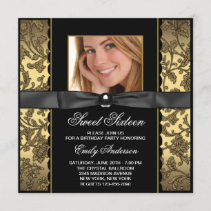 Gold Black Damask Photo Sweet 16 Party Invitation