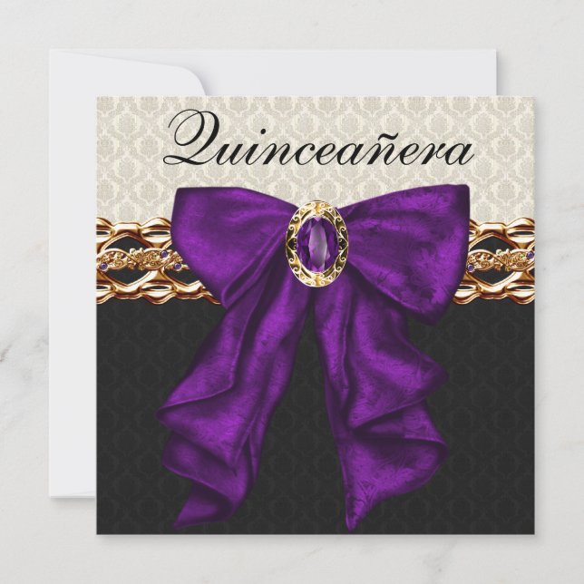 Gold Black Damask Purple  Quinceanera Invitation (Front)