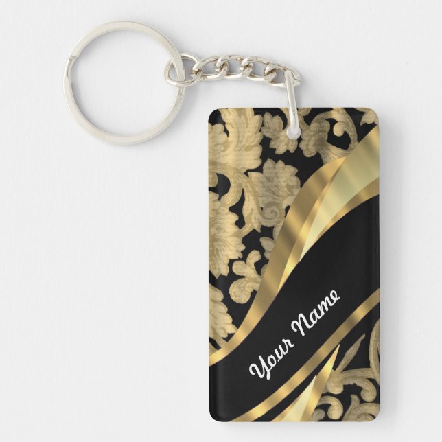 Gold & black damask swirl key ring (Front)