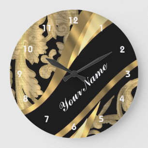 Gold & black damask swirl large clock