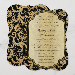 Gold & Black Damask Swirls Wedding Invitation